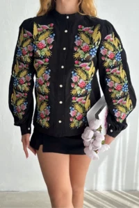 FEMELLE Women's Black Button and Lace Detailed Fully Embroidered Shirt