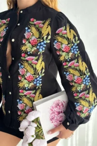 FEMELLE Women's Black Button and Lace Detailed Fully Embroidered Shirt - Image 2