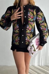 FEMELLE Women's Black Button and Lace Detailed Fully Embroidered Shirt - Image 5
