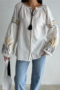FEMELLE Women's White Button Detailed Tasseled Balloon Sleeve Embroidery Cotton Shirt