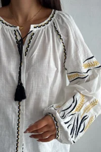 FEMELLE Women's White Button Detailed Tasseled Balloon Sleeve Embroidery Cotton Shirt - Image 2