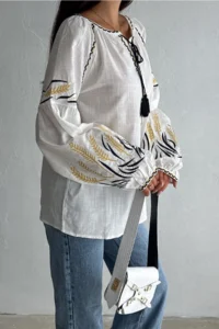 FEMELLE Women's White Button Detailed Tasseled Balloon Sleeve Embroidery Cotton Shirt - Image 3