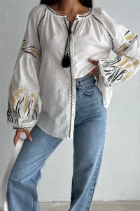 FEMELLE Women's White Button Detailed Tasseled Balloon Sleeve Embroidery Cotton Shirt - Image 4