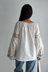 FEMELLE Women's White Button Detailed Tasseled Balloon Sleeve Embroidery Cotton Shirt - Image 5
