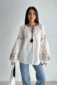 FEMELLE Women's White Button Detailed Tasseled Balloon Sleeve Embroidery Cotton Shirt - Image 6