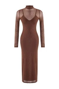 TRENDYOLMİLLA Light Brown Shiny Stoned Tulle Evening Gown Gece Graduation Dress - Image 5