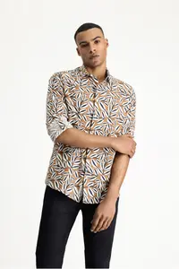 Kiğılı Long Sleeve Oversize Printed Linen Blend Cotton Shirt - Image 3