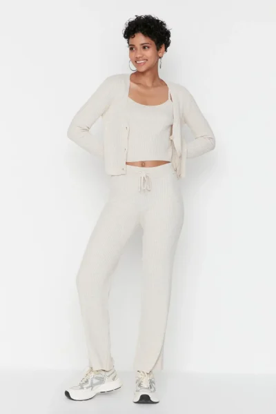 TRENDYOLMİLLA Beige Fitillli Blouse Cardigan Pants Knitwear Top and Bottom Set