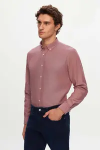 D'S Damat Ds Damat Slim Fit Claret Red Dobby Button Collar Cotton Shirt - Image 2