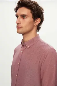 D'S Damat Ds Damat Slim Fit Claret Red Dobby Button Collar Cotton Shirt - Image 3