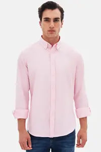 D'S Damat Ds Damat Slim Fit Pink Dobby Button Collar Cotton Shirt