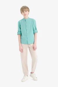 DeFacto Z1035 Green Boy's Stand-Up Collar Linen Look Long Sleeve Shirt - Image 2