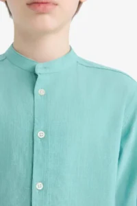 DeFacto Z1035 Green Boy's Stand-Up Collar Linen Look Long Sleeve Shirt - Image 5
