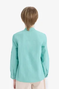 DeFacto Z1035 Green Boy's Stand-Up Collar Linen Look Long Sleeve Shirt - Image 6