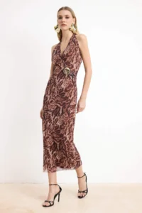 TRENDYOLMİLLA Multicolored animals pattern Accessory Detailed Tulle Maxi Lined Elegant/Evening Dress