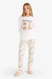 DeFacto  Beige Girl's Pajama Set Printed Long Sleeve Top Long Bottom