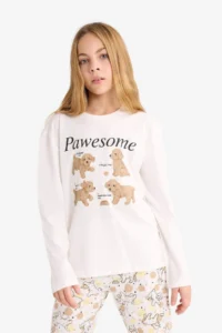 DeFacto  Beige Girl's Pajama Set Printed Long Sleeve Top Long Bottom - Image 2
