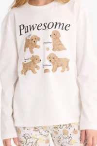 DeFacto  Beige Girl's Pajama Set Printed Long Sleeve Top Long Bottom - Image 3