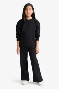 DeFacto E8293 Black Girl's Wide Leg Waffle Wide Leg Trousers - Image 4