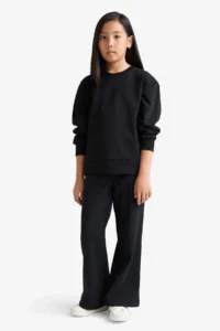DeFacto E8293 Black Girl's Wide Leg Waffle Wide Leg Trousers - Image 5
