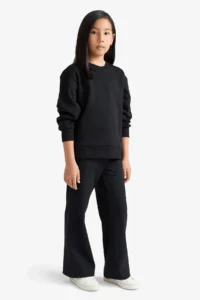 DeFacto E8293 Black Girl's Wide Leg Waffle Wide Leg Trousers - Image 6