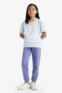 DeFacto Y1226 Purple Girl's Standard Fit Basic Flat Waist Elastic School Jogger Sweatpants - Image 2