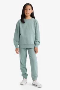 DeFacto Y1226 Green Girl's Standard Fit Basic Flat Waist Elastic School Jogger Sweatpants - Image 2
