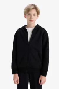 DeFacto X7382 Black Boy's Hooded Basic Plain School Zippered Sweatshirt - Image 3