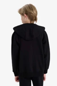 DeFacto X7382 Black Boy's Hooded Basic Plain School Zippered Sweatshirt - Image 5