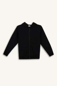 DeFacto X7382 Black Boy's Hooded Basic Plain School Zippered Sweatshirt - Image 6