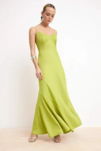 TRENDYOLMİLLA Green Satin Skirt with flywheel Midi Dress - Image 2