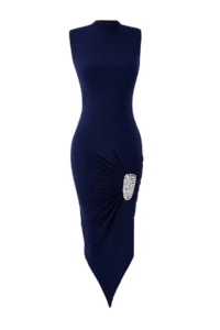 TRENDYOLMİLLA Navy Blue Accessory Detailed Asymmetric slit Midi Dress - Image 5