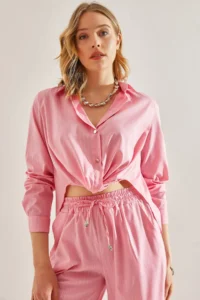 Bianco Lucci Women Front tied up Shiny Striped Shirt