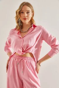 Bianco Lucci Women Front tied up Shiny Striped Shirt - Image 2