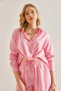 Bianco Lucci Women Front tied up Shiny Striped Shirt - Image 5