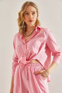 Bianco Lucci Women Front tied up Shiny Striped Shirt - Image 6