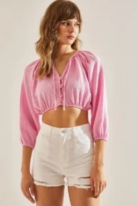 Bianco Lucci Women's Tie Collar Muslin Crop Shirt with Elastic Waist and Sleeves - Image 3