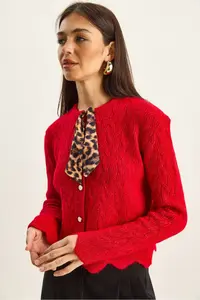 Bianco Lucci Women's Braided Scarf Detailed Buttoned Cardigan - Image 3