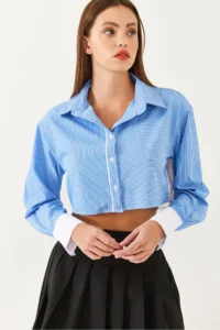 Bianco Lucci Women's Asymmetrical Striped Cuff Detailed Crop Shirt 4451 - Image 2