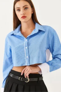 Bianco Lucci Women's Asymmetrical Striped Cuff Detailed Crop Shirt 4451 - Image 3