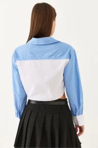 Bianco Lucci Women's Asymmetrical Striped Cuff Detailed Crop Shirt 4451 - Image 5