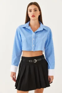 Bianco Lucci Women's Asymmetrical Striped Cuff Detailed Crop Shirt 4451 - Image 6