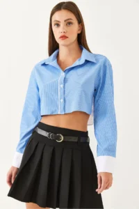 Bianco Lucci Women's Asymmetrical Striped Cuff Detailed Crop Shirt 4451 - Image 7