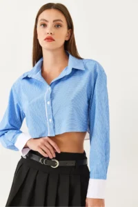 Bianco Lucci Women's Asymmetrical Striped Cuff Detailed Crop Shirt 4451 - Image 8