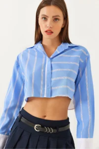 Bianco Lucci Women's Asymmetrical Striped Cuff Detailed Crop Shirt 4451