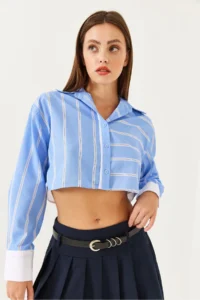 Bianco Lucci Women's Asymmetrical Striped Cuff Detailed Crop Shirt 4451 - Image 3