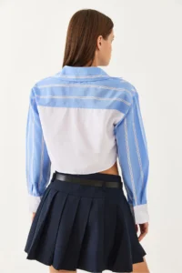 Bianco Lucci Women's Asymmetrical Striped Cuff Detailed Crop Shirt 4451 - Image 4