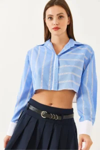 Bianco Lucci Women's Asymmetrical Striped Cuff Detailed Crop Shirt 4451 - Image 5