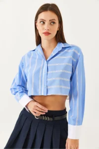 Bianco Lucci Women's Asymmetrical Striped Cuff Detailed Crop Shirt 4451 - Image 6
