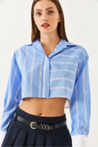 Bianco Lucci Women's Asymmetrical Striped Cuff Detailed Crop Shirt 4451 - Image 7